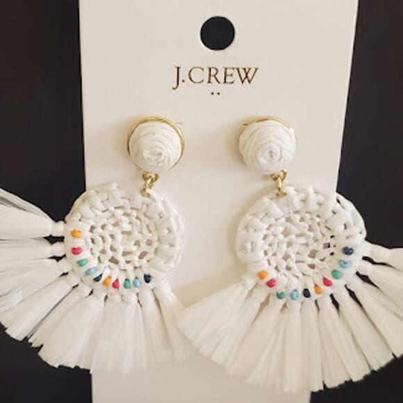 J. Crew Factory Raffia Fan Earrings White Multi-Colored Bead Accents Boho‎ NWT - Picture 2 of 7